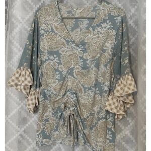 Cato Top Womens 14 16 W Ditsy Paisley V Neck Ruffle Boho Bell Plaid‎ Sleeve Fall
